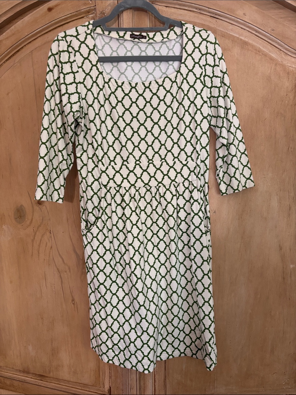 J McLaughlin Women’s Cream Midi Dress with Green Trellis Print.
